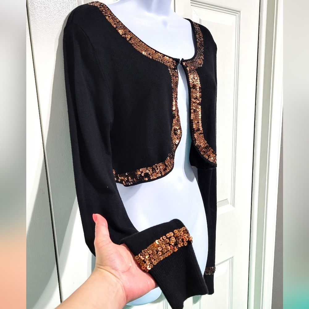 NWT Zoe D. Rose Gold Sequined Black Cardigan Cover Sweater Jacket
